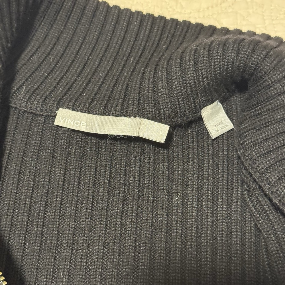 Vince‎ Mens Large Black 100% Wool Thick Knit Sweater Ottoman Ribbed Quarter Zip - Picture 7 of 8